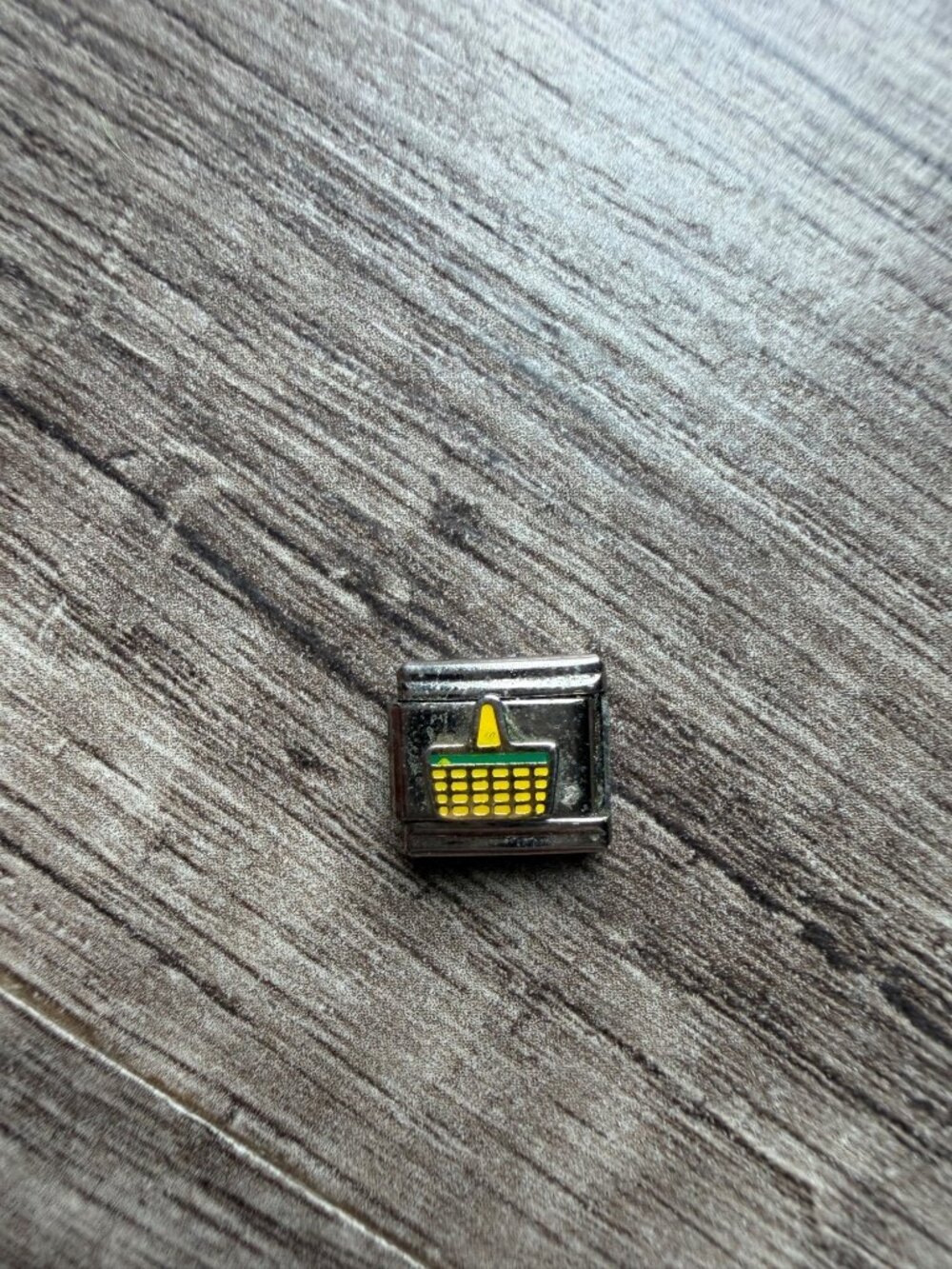 Stainless Steel Italian Charm With Yellow And Green Shopping Cart Design